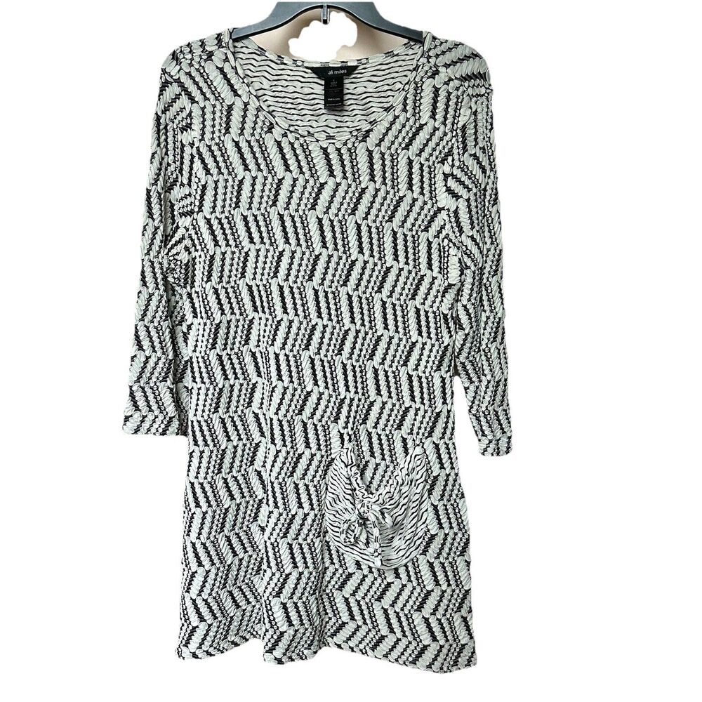 Ali Miles Tunic Dress Lg Blk White Geometric Art Stretch 3/4 Sleeve Pocket Lagen